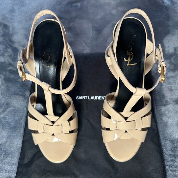 SAINT LAURENT YSL Tribute Platform Leather Sandal Nude Size 37.5, w/ Box & Bags - Picture 5 of 14